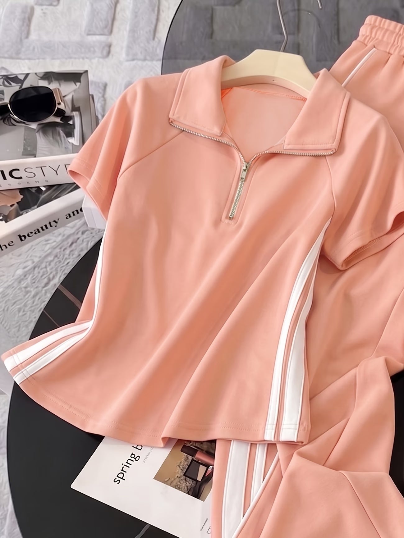 Women's Color Block Half-Zip Polo Collar Top & Jogger Pants Casual 2-Piece Co-Ord Set