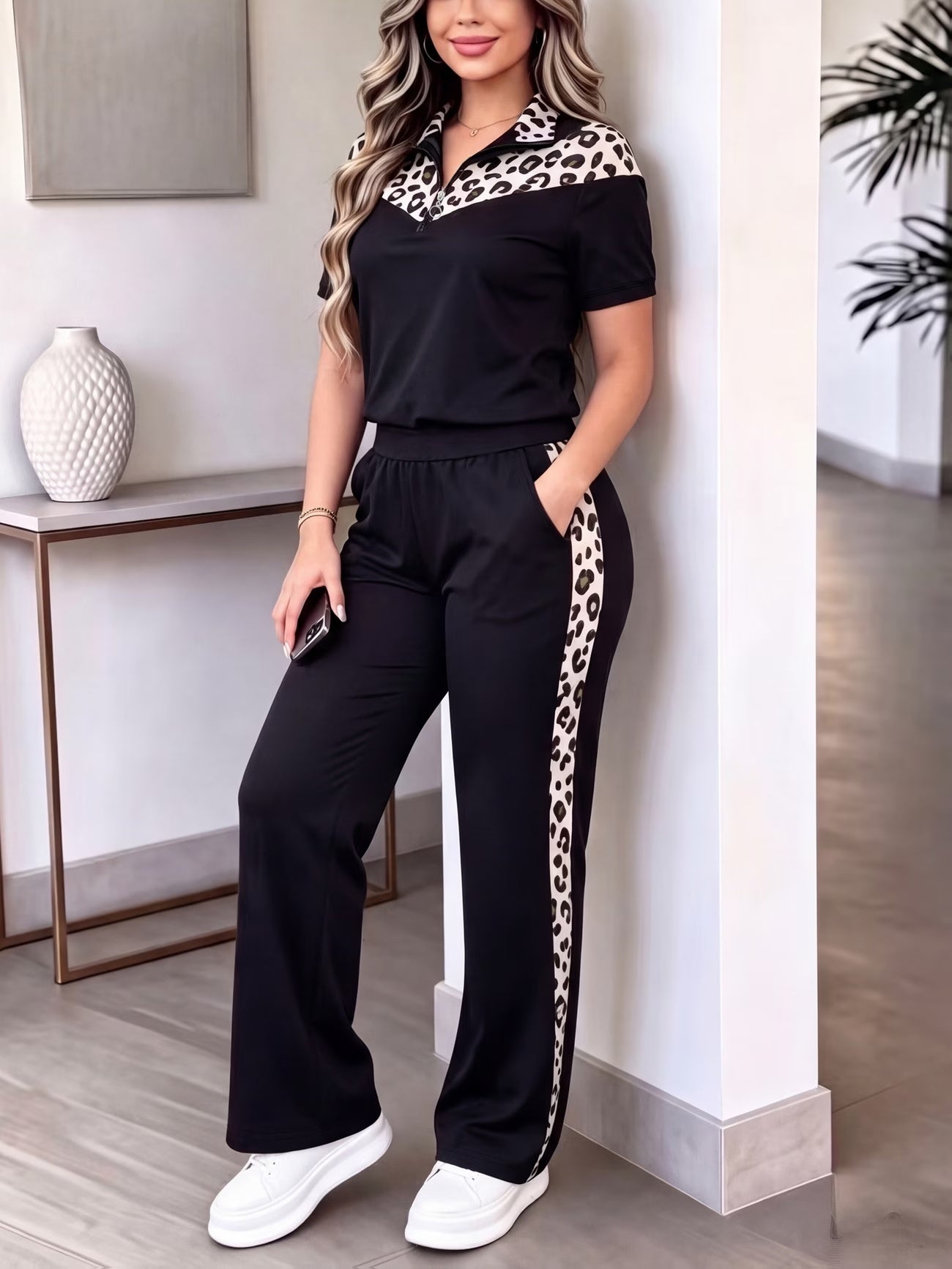 Women's Elegant Colorblock Two-Piece Lounge Set