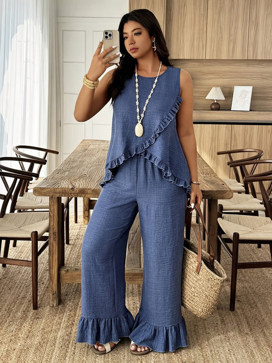 Solid Pullover Top & Pleated Straight-Leg Pants