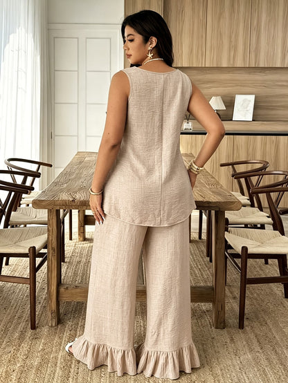 Solid Pullover Top & Pleated Straight-Leg Pants