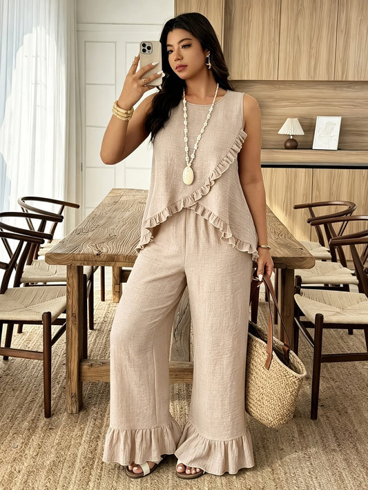 Solid Pullover Top & Pleated Straight-Leg Pants
