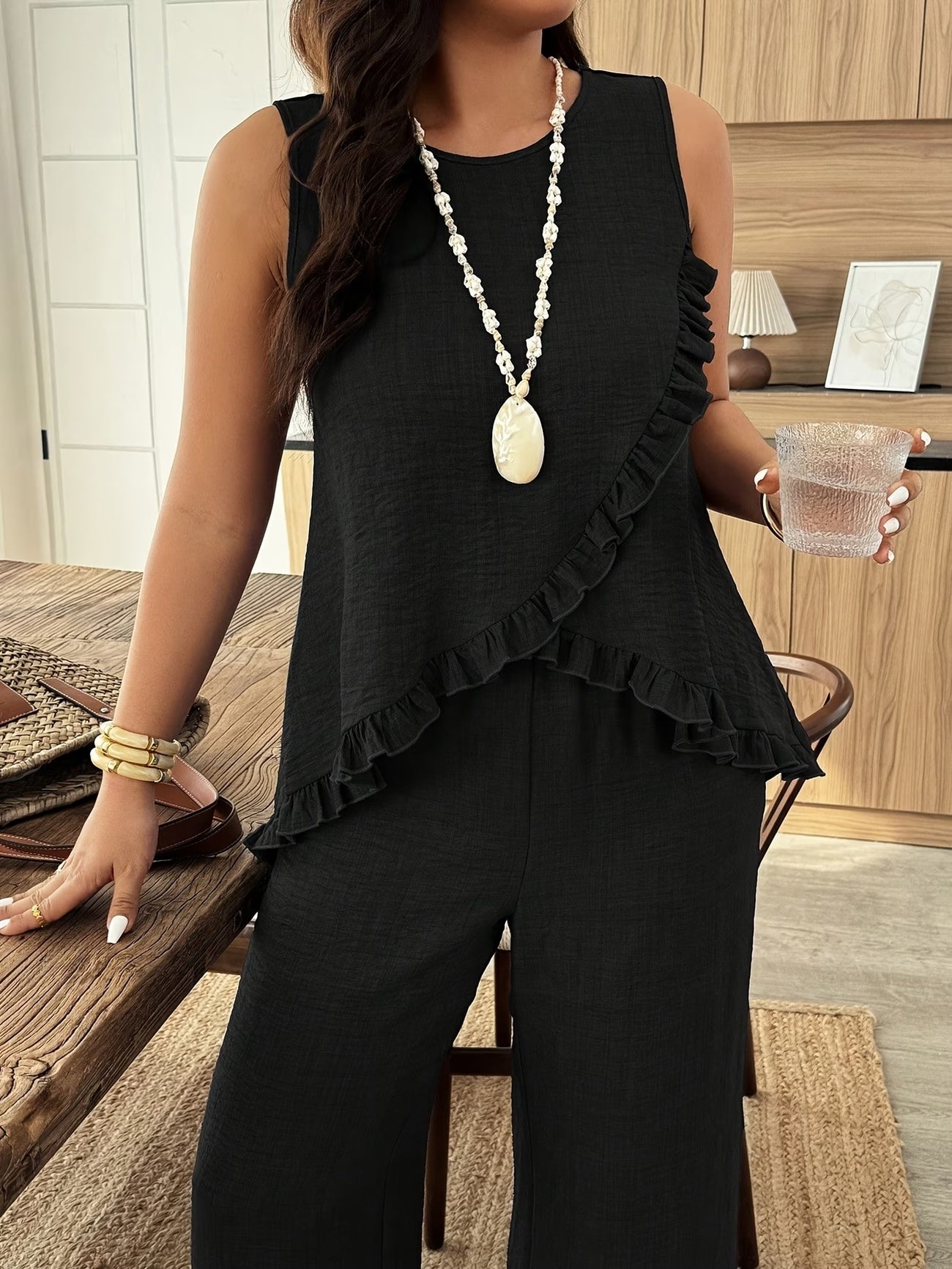 Solid Pullover Top & Pleated Straight-Leg Pants