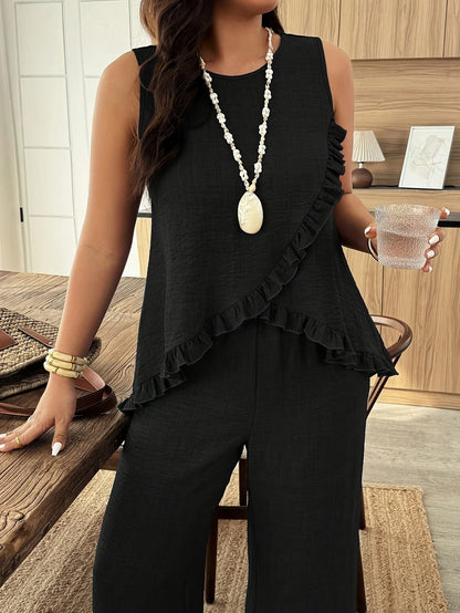 Solid Pullover Top & Pleated Straight-Leg Pants