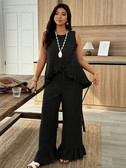 Solid Pullover Top & Pleated Straight-Leg Pants