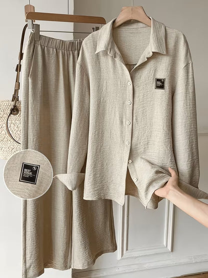 Women's Vintage Artistic Loose Shirt & High-Waist Wide-Leg Pants Co-Ord Set