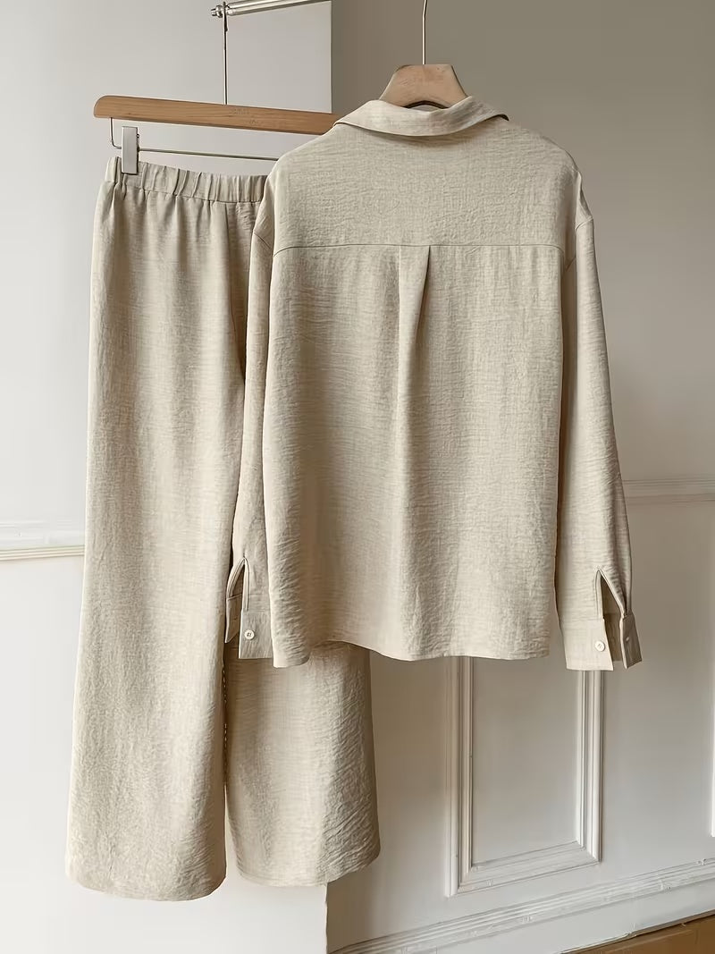 Women's Vintage Artistic Loose Shirt & High-Waist Wide-Leg Pants Co-Ord Set