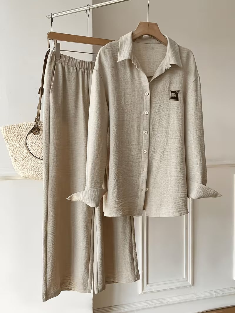 Women's Vintage Artistic Loose Shirt & High-Waist Wide-Leg Pants Co-Ord Set