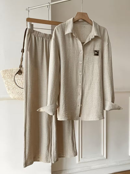 Women's Vintage Artistic Loose Shirt & High-Waist Wide-Leg Pants Co-Ord Set