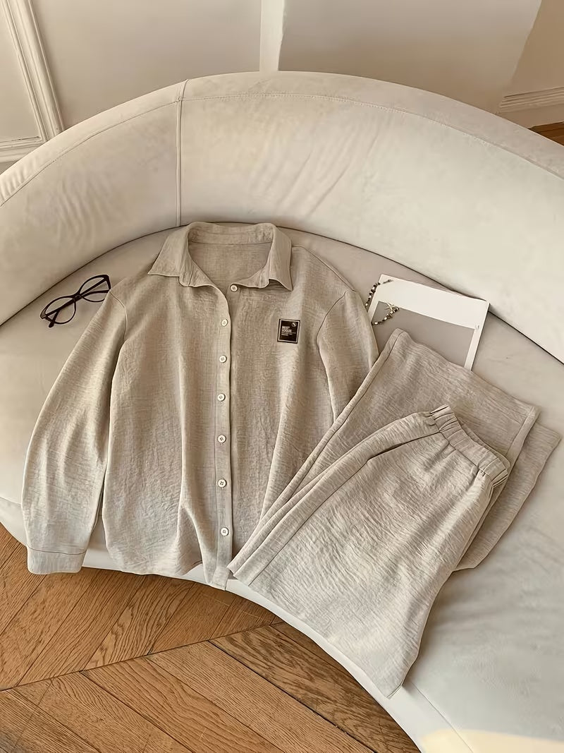 Women's Vintage Artistic Loose Shirt & High-Waist Wide-Leg Pants Co-Ord Set