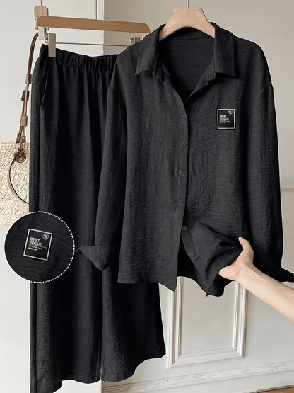 Women's Vintage Artistic Loose Shirt & High-Waist Wide-Leg Pants Co-Ord Set
