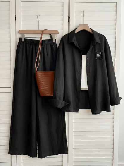 Women's Vintage Artistic Loose Shirt & High-Waist Wide-Leg Pants Co-Ord Set
