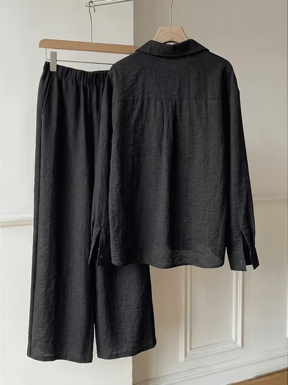 Women's Vintage Artistic Loose Shirt & High-Waist Wide-Leg Pants Co-Ord Set