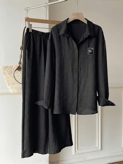 Women's Vintage Artistic Loose Shirt & High-Waist Wide-Leg Pants Co-Ord Set
