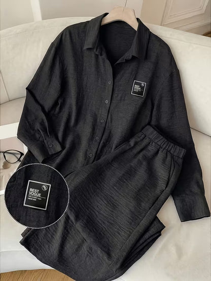 Women's Vintage Artistic Loose Shirt & High-Waist Wide-Leg Pants Co-Ord Set