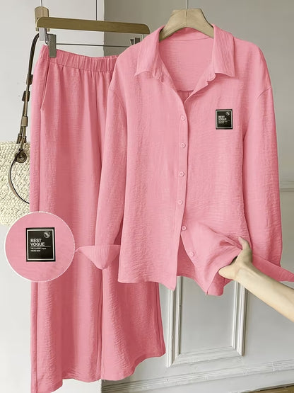 Women's Vintage Artistic Loose Shirt & High-Waist Wide-Leg Pants Co-Ord Set