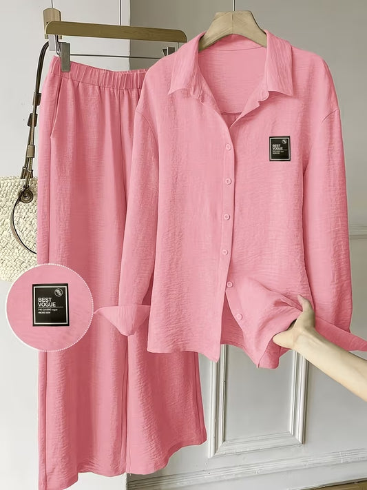 Women's Vintage Artistic Loose Shirt & High-Waist Wide-Leg Pants Co-Ord Set