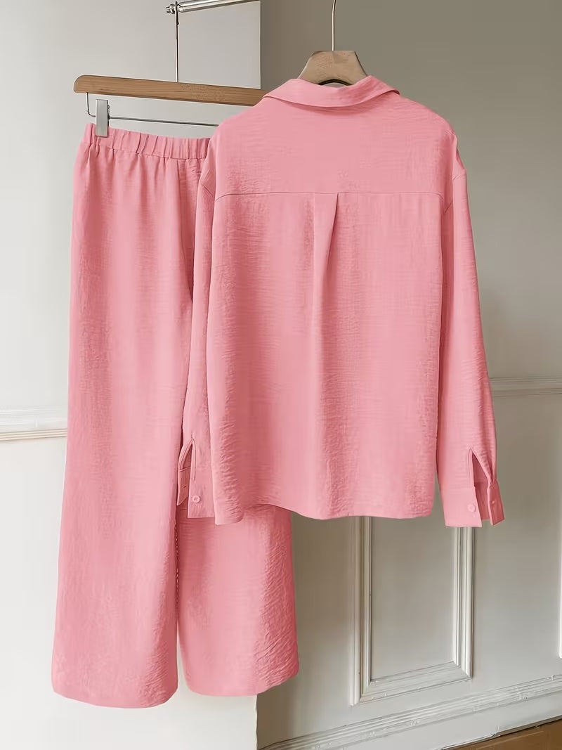 Women's Vintage Artistic Loose Shirt & High-Waist Wide-Leg Pants Co-Ord Set