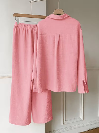 Women's Vintage Artistic Loose Shirt & High-Waist Wide-Leg Pants Co-Ord Set