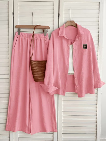Women's Vintage Artistic Loose Shirt & High-Waist Wide-Leg Pants Co-Ord Set