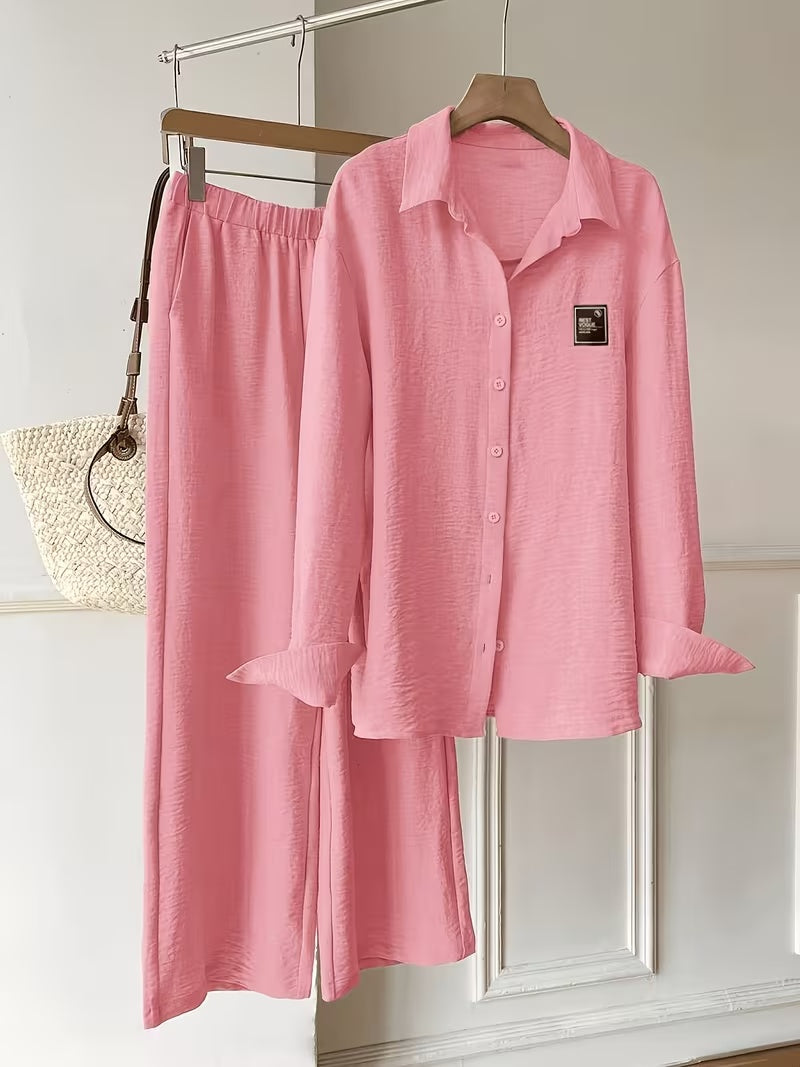 Women's Vintage Artistic Loose Shirt & High-Waist Wide-Leg Pants Co-Ord Set