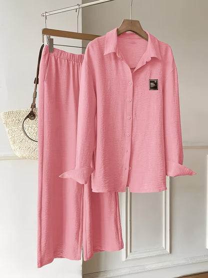Women's Vintage Artistic Loose Shirt & High-Waist Wide-Leg Pants Co-Ord Set