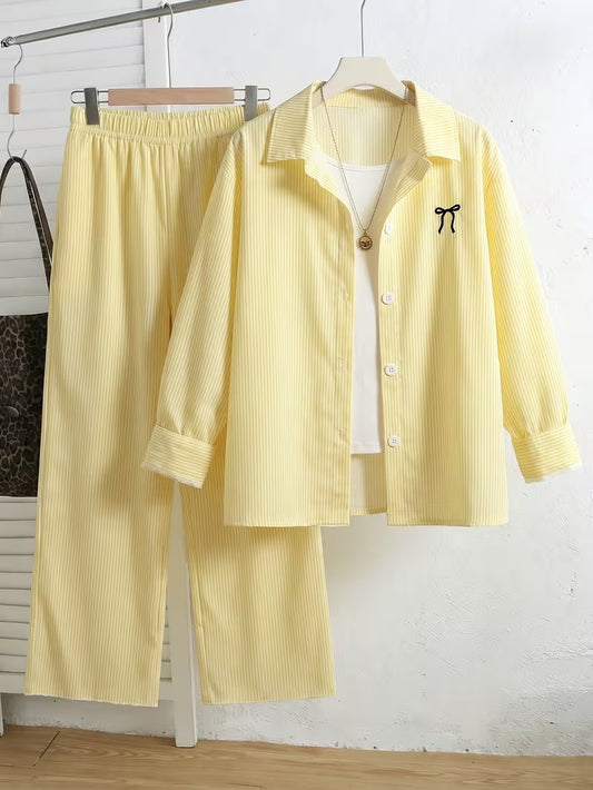 Women's Vintage Artistic Loose Shirt & High-Waist Wide-Leg Pants Co-Ord Set