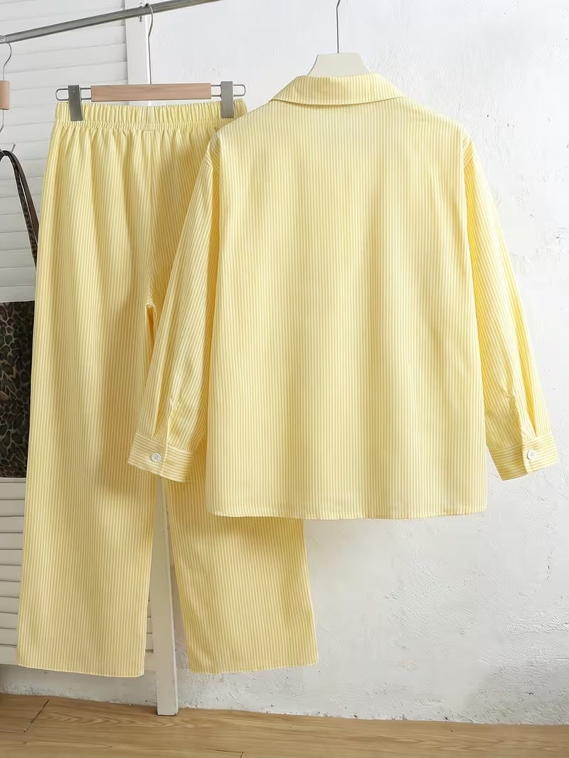 Women's Vintage Artistic Loose Shirt & High-Waist Wide-Leg Pants Co-Ord Set