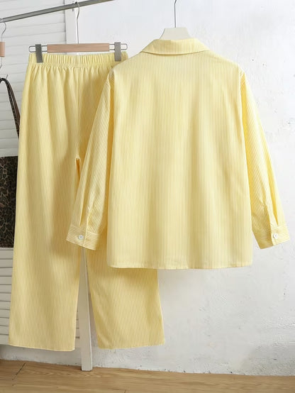 Women's Vintage Artistic Loose Shirt & High-Waist Wide-Leg Pants Co-Ord Set