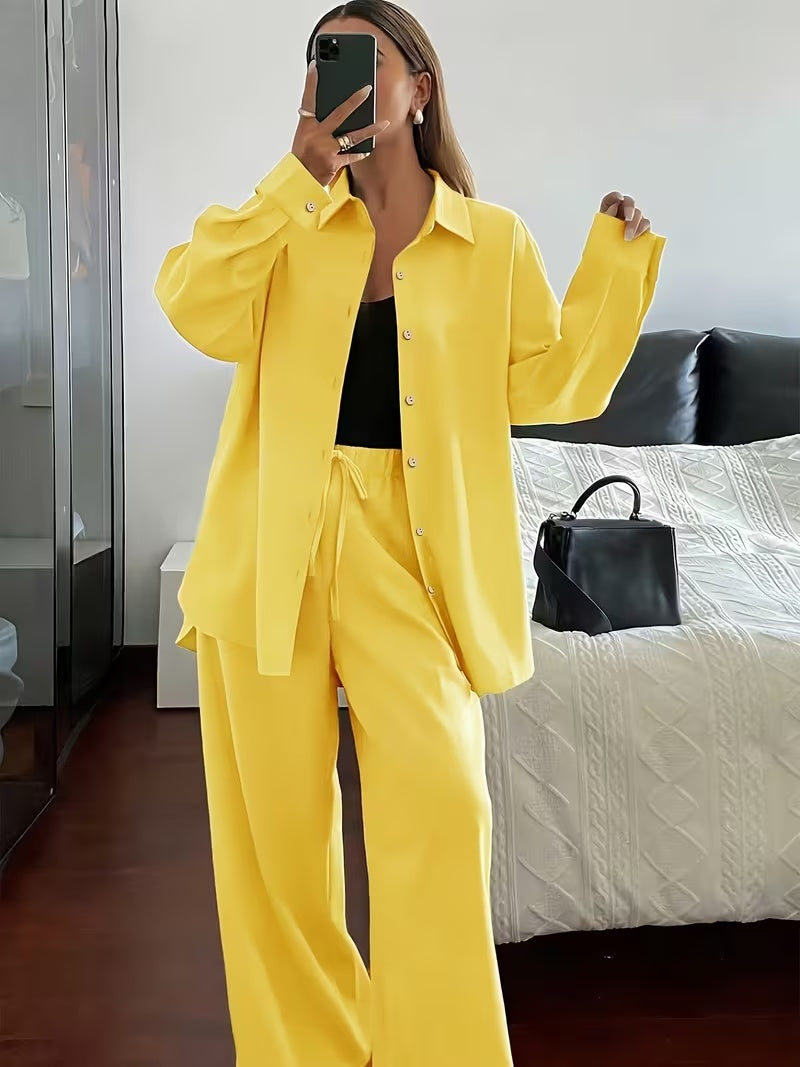 Women's Vintage Artistic Loose Shirt & High-Waist Wide-Leg Pants Co-Ord Set