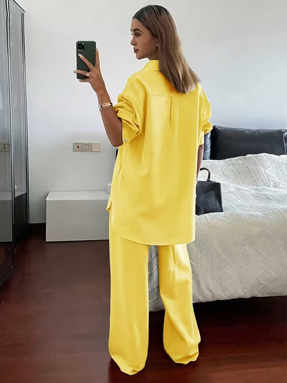 Women's Vintage Artistic Loose Shirt & High-Waist Wide-Leg Pants Co-Ord Set