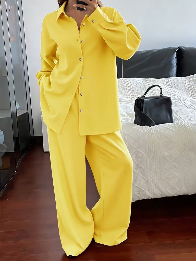 Women's Vintage Artistic Loose Shirt & High-Waist Wide-Leg Pants Co-Ord Set