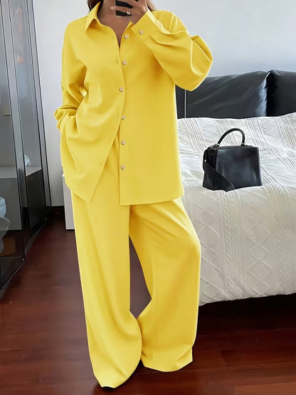 Women's Vintage Artistic Loose Shirt & High-Waist Wide-Leg Pants Co-Ord Set