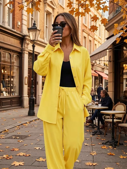 Women's Vintage Artistic Loose Shirt & High-Waist Wide-Leg Pants Co-Ord Set