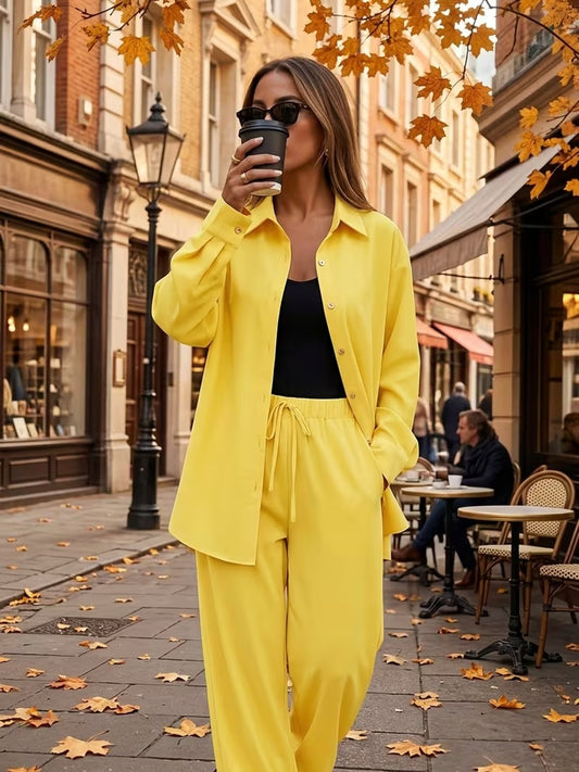 Women's Vintage Artistic Loose Shirt & High-Waist Wide-Leg Pants Co-Ord Set