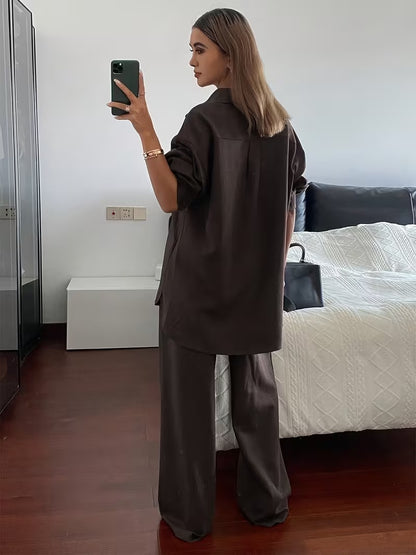 Women's Vintage Artistic Loose Shirt & High-Waist Wide-Leg Pants Co-Ord Set