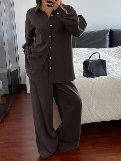 Women's Vintage Artistic Loose Shirt & High-Waist Wide-Leg Pants Co-Ord Set