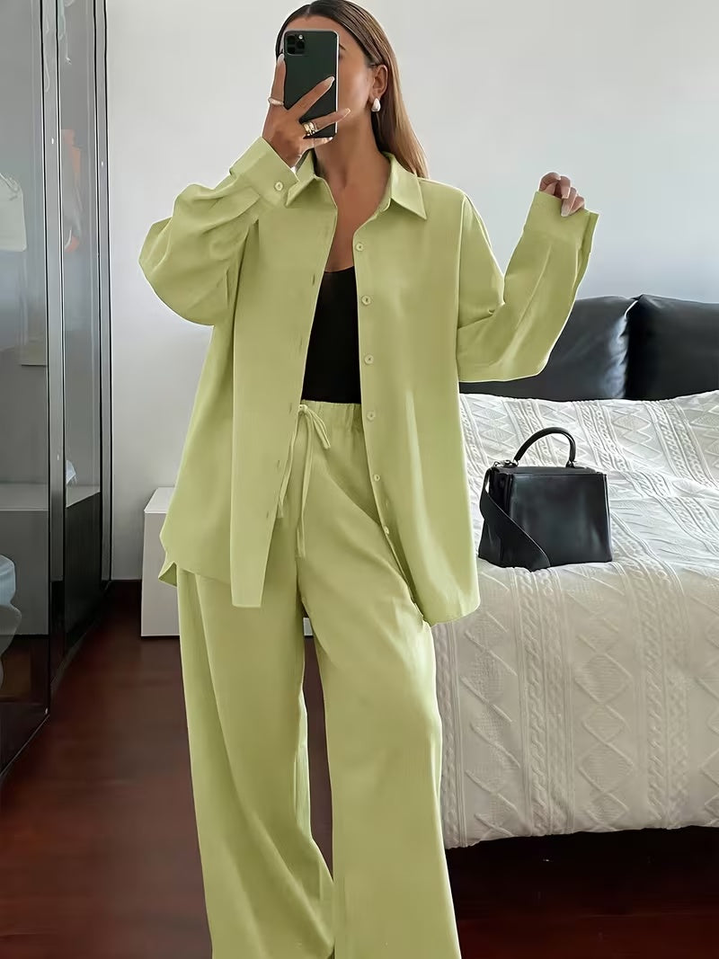 Women's Vintage Artistic Loose Shirt & High-Waist Wide-Leg Pants Co-Ord Set