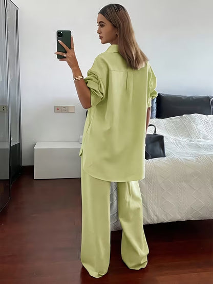 Women's Vintage Artistic Loose Shirt & High-Waist Wide-Leg Pants Co-Ord Set