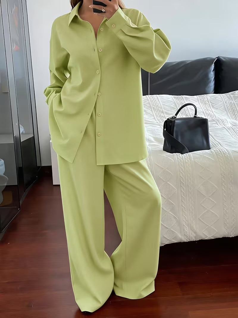 Women's Vintage Artistic Loose Shirt & High-Waist Wide-Leg Pants Co-Ord Set