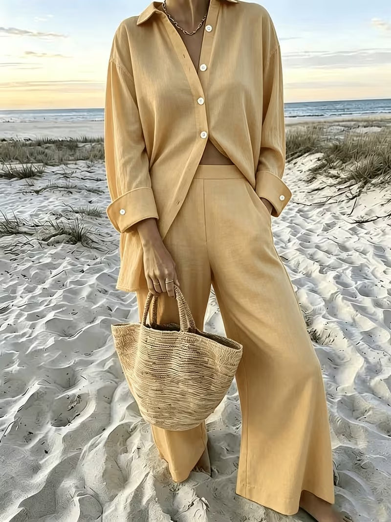 Women's Vintage Artistic Loose Shirt & High-Waist Wide-Leg Pants Co-Ord Set