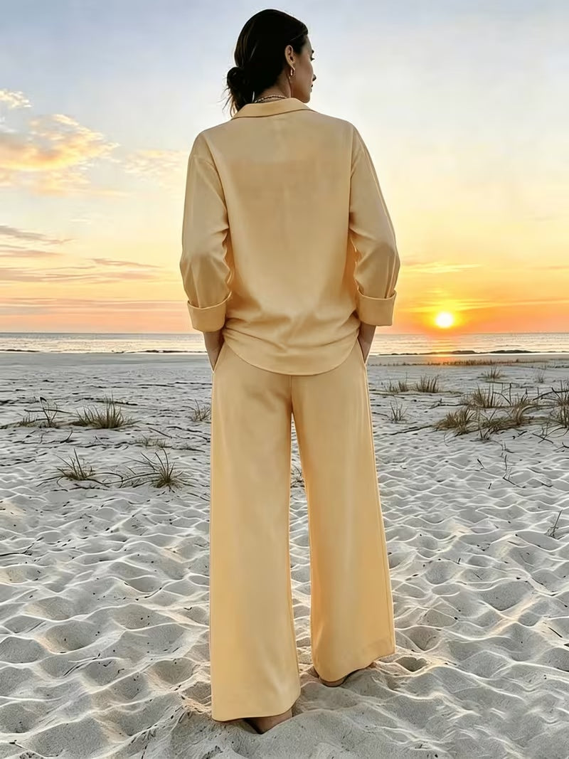 Women's Vintage Artistic Loose Shirt & High-Waist Wide-Leg Pants Co-Ord Set