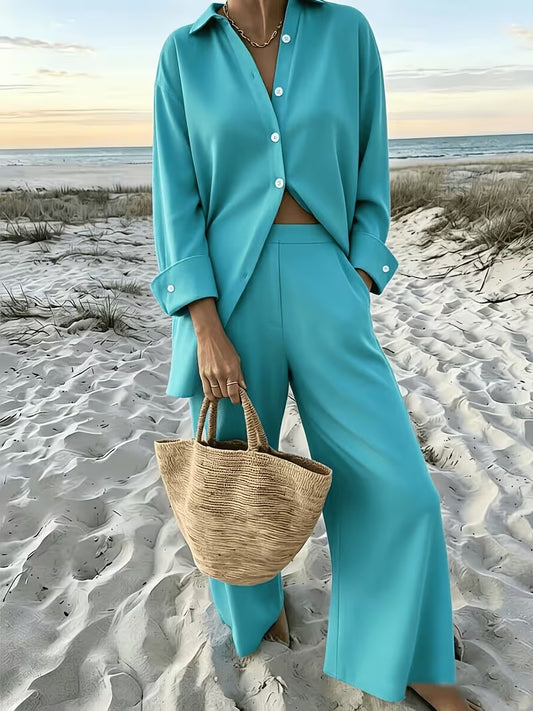 Women's Vintage Artistic Loose Shirt & High-Waist Wide-Leg Pants Co-Ord Set