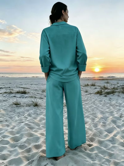 Women's Vintage Artistic Loose Shirt & High-Waist Wide-Leg Pants Co-Ord Set