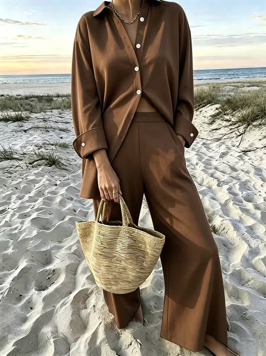 Women's Vintage Artistic Loose Shirt & High-Waist Wide-Leg Pants Co-Ord Set