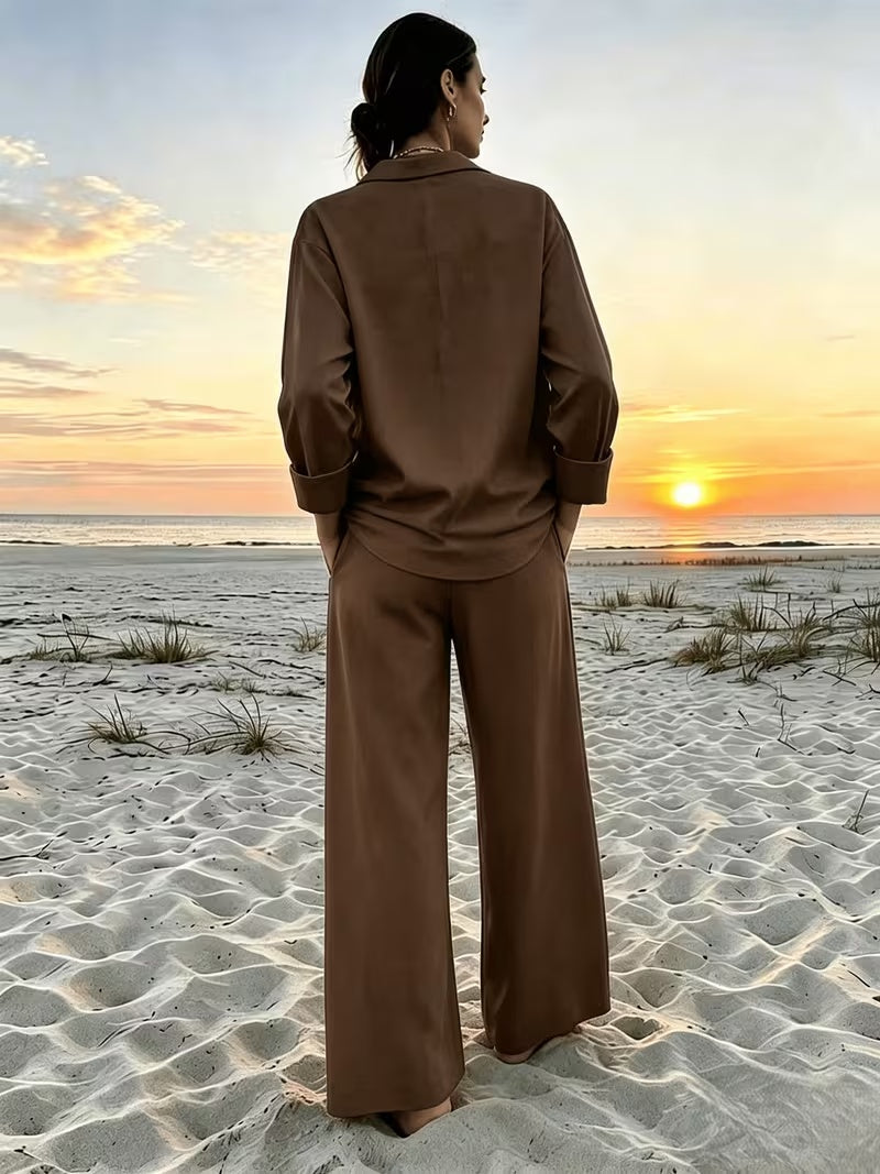 Women's Vintage Artistic Loose Shirt & High-Waist Wide-Leg Pants Co-Ord Set