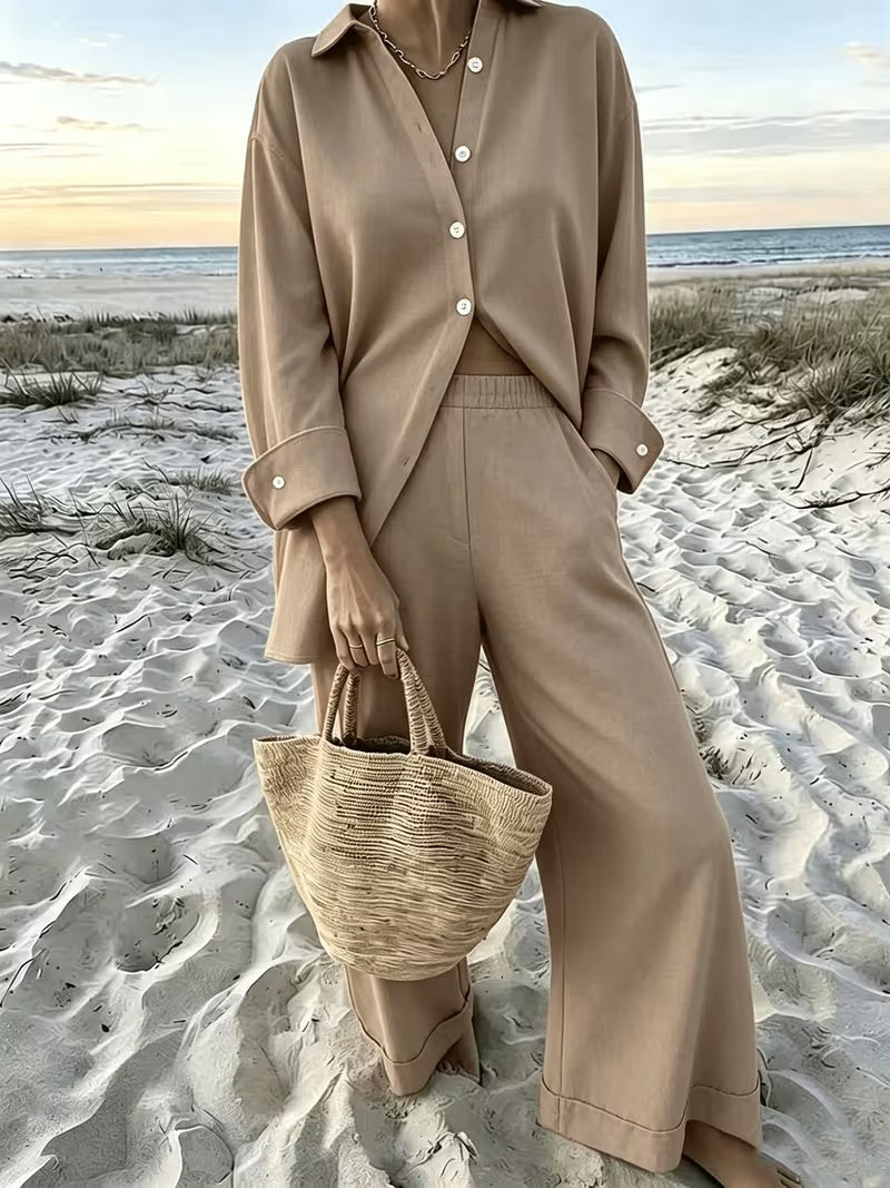 Women's Vintage Artistic Loose Shirt & High-Waist Wide-Leg Pants Co-Ord Set