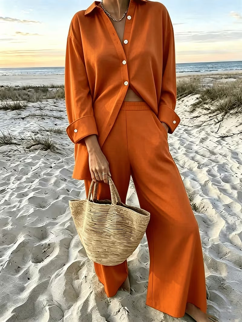 Women's Vintage Artistic Loose Shirt & High-Waist Wide-Leg Pants Co-Ord Set