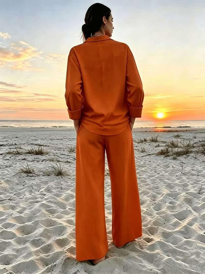 Women's Vintage Artistic Loose Shirt & High-Waist Wide-Leg Pants Co-Ord Set