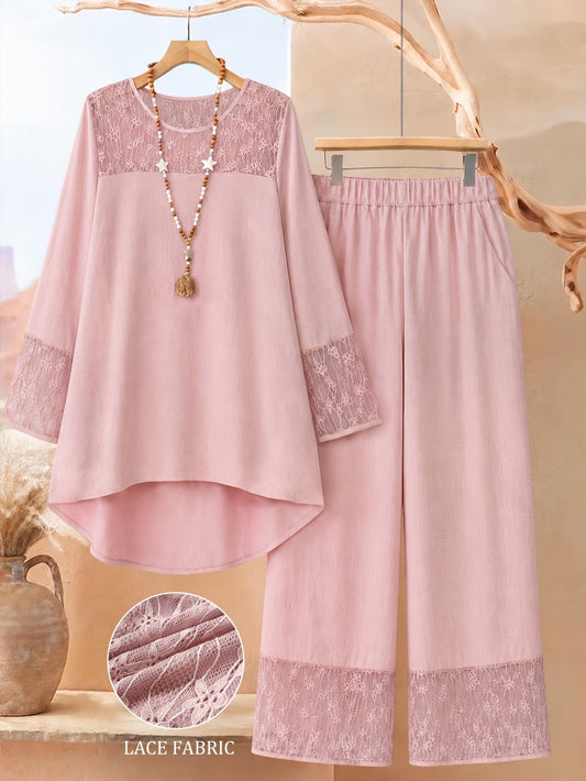 Plus Size Printed 2-Piece Co-Ord Set – Irregular Hem Top & Wide-Leg Pants