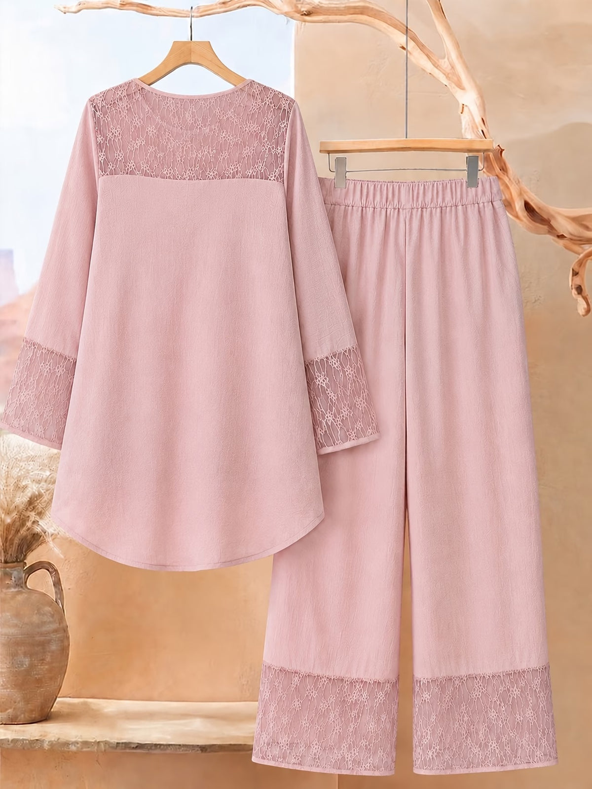 Plus Size Printed 2-Piece Co-Ord Set – Irregular Hem Top & Wide-Leg Pants
